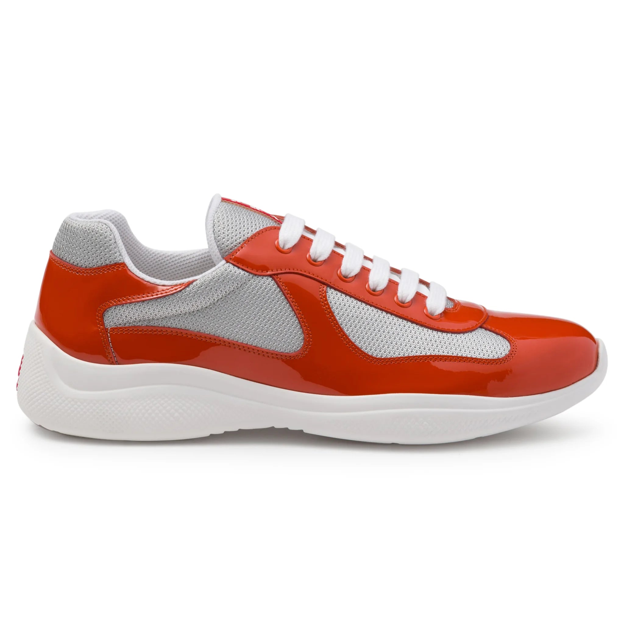 Side view of Prada Americas Cup Orange Silver Sneaker 4E3400_ASZ_F0Q2O